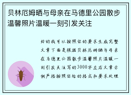 贝林厄姆晒与母亲在马德里公园散步温馨照片温暖一刻引发关注
