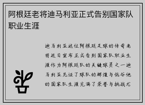 阿根廷老将迪马利亚正式告别国家队职业生涯